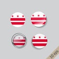 Set of round buttons with the image of District of Columbia state flag on gray background with shadow