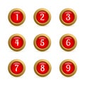 Set of round buttons with numbers from 1 to 9. Glossy red and gold buttons isolated on white. Numbered badges vector icons. 3d