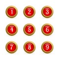 Set of round buttons with numbers from 1 to 9. Glossy red and gold buttons isolated on white. Numbered badges vector icons. 3d Royalty Free Stock Photo