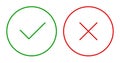 Set of round check and X mark thin line icons, buttons. Tick and cross symbols isolated on a white background. Royalty Free Stock Photo