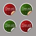 Set of round Christmas sale stickers in red and green colors with curled corners Royalty Free Stock Photo