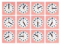 Set of round clockfaces on red striped background