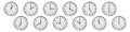 Set of round clocks showing various time. World clock set, time zones. Realistic vector illustration