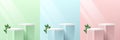 Set round corner cube stand podium with green leaf. Minimal green, blue and pink pastel scene. Abstract room design. Vector Royalty Free Stock Photo