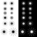 Set of round decorative design elements. Kaleidoscope icons, flowers, stars and snowflakes, black and white versions. Vector