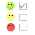 Set of round faces with checkboxes on white background. Three colored faces expressing good level of satisfaction.