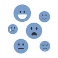 A set of round faces with emotions of laughter, sadness, surprise. Blue round emoji on white background isolated