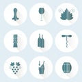 Set of round flat icons with different blue on white wine elements - bottle, grape, corckscrew Royalty Free Stock Photo