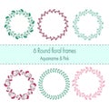 Set of 6 round frames with aguamarine and pink doodle flowers,branches and petals