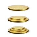 Set of round gold podium platform. Empty stage with different levels Royalty Free Stock Photo