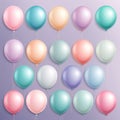 Set of round helium balloons in soft pastel colors, Festive decorative element in realistic 3d design. Decor for Valentine\'s Day,