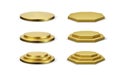 Set of round and hexagonal gold podium platform. Empty stage with different levels Royalty Free Stock Photo