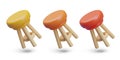 Set of round high pub chairs with wooden legs. 3D models of different colors