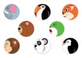 Set of round icon animals in flat mode. Monkey, Frog, Fox, elephant, Penguin, Bear