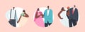 Set of Round Icons African Couples Wedding Ceremony, Contemporary Black Groom and Bride Characters Wear Festive Clothes