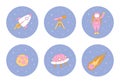 set of round icons of cosmic elements in flat style in bright colors: rocket, astronaut, planet, telescope, spaceship, comet Royalty Free Stock Photo