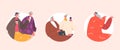 Set of Round Icons Senior Female Characters, Communicate, Chatting, Share Gossips. Old Friends Drink Coffee, Use Mobiles