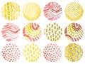 Set of round isolated watercolor textures. Ornament drawn on paper by hand. Pink, yellow, golden doodle elements on a white