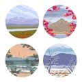 Set of Round Labels with Season Landscapes