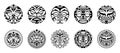 Set of round Maori tattoo ornament with sun symbols face. African, maya, aztec, ethnic, tribal style.