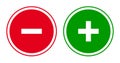 Set of round minus and plus sign icons, buttons. Flat negative and positive symbols on white background. Royalty Free Stock Photo