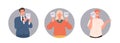 Set of round people avatar icons with man woman concealing true emotions under different social mask