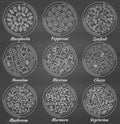 Set of round pizzas. Chalk board background. Royalty Free Stock Photo