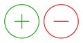 Set of round plus and minus sign thin line icons, buttons. Positive and negative symbols isolated on a white background.