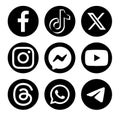 Set of round popular Social Media and Mobile Apps icons in black color: Facebook, TikTok, Twitter - X, Instagram and Royalty Free Stock Photo