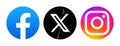Set of round popular Social Media and Mobile Apps icons: Facebook, Twitter - X and Instagram, on transparent background Royalty Free Stock Photo