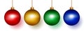 Set of round shape Christmas balls hanging isolated on white background Collection of realistic bauble ball red, gold, green, blue Royalty Free Stock Photo
