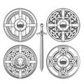 Set of round shields with celtic pattern and medieval ornaments, knight armor, chivalry shields