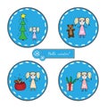 Set round sticker with girl with Christmas tree, big gift and sa