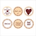 Set of round stickers, badges with text Hand made, thank you, with doodle elements isolated on white background. Collection of Royalty Free Stock Photo