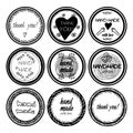 Set of round stickers, badges with text Hand made, thank you, with doodle elements isolated on white background