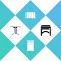 Set Round table, Big bed, Heating radiator and Chair icon. Vector Royalty Free Stock Photo