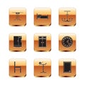 Set Round table, Chair, Coat stand, Wardrobe, Shower cabin, Chandelier, Picture and Bed icon. Vector