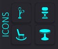 Set Round table, Floor lamp, Office chair and Armchair icon. Black square button. Vector Royalty Free Stock Photo