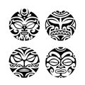 Set of round tattoo ornament with sun face maori style. Royalty Free Stock Photo