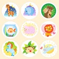 Set of round vector templates for stickers with cute colorful animals