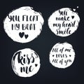 Set of round textured badges with modern calligraphy love quotes on the blackboard.