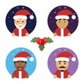 Set round vector icon Christmas New Year with Santa Claus different nationalities. Modern flat design.