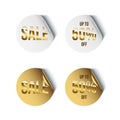 Set of round white and golden badges with golden Sale word and Up To 50 percent Off text isolated on white background Royalty Free Stock Photo