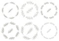 Set of 8 round wreaths of hand-drawn twigs with leaves in doodle style. Black and white vector illustrations in cartoon