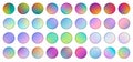 Set of rounded holographic gradient sphere button. Multicolor green purple yellow orange pink cyan fluid circle gradients,