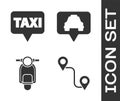 Set Route location, Map pointer with taxi, Scooter and Map pointer with taxi icon. Vector