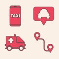 Set Route location, Taxi call telephone service, Map pointer with taxi and Ambulance and emergency car icon. Vector