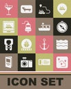 Set Route location, Wave, Compass, Ship line path, bell, Cruise ship, Cocktail and Beach pier dock icon. Vector Royalty Free Stock Photo