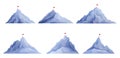 Set route to mountain peak vector flat illustration. Collection cliff climbing process success path