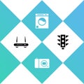 Set Router and wi-fi signal, Photo camera, Washer and Traffic light icon. Vector